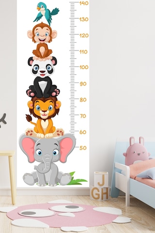 Sevimli Safari Hayvanları Boy Ölçüm Cetveli Boy Ölçer Sticker Beyaz