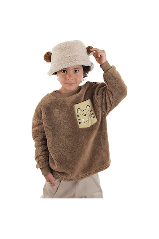 Denokids Kaplan Oversize Erkek Çocuk Peluş Sweatshirt - Kahverengi