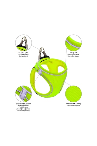 Mita Air Mesh Kedi Köpek Göğüs Tasması Çift Reflektörlü, Terletmeyen Neon Sarı