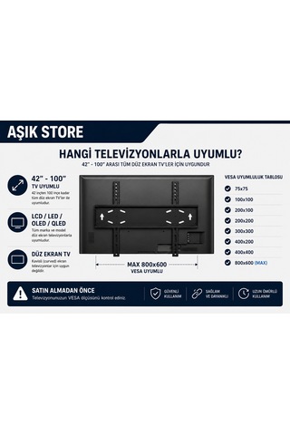 Sabit Tv Askı Aparatı 42 100" Vesa 800 600 75 Kg