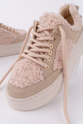 Muggo Fleecy Kalın Taban Bağcıklı Peluş Detaylı Kadın Kışlık Sneaker Spor Ayakkabı Bej