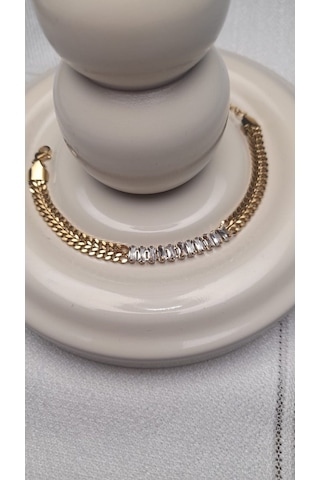 Uzel Çelik Gold Altın Renk Çok Taşlı Kalın Zincir Detaylı Çelik Bileklik Gold