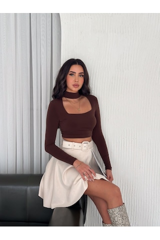 Ozy Fashion Kadın Krem Rengi Midi Boy Kemerli Süet Kloş Etek Krem