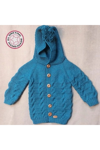 Uretti - Talia 8659 - 7872 El Örgüsü Mavi Kapüşonlu Erkek Çocuk Hırka - 2 / 3 Yaş Petrol Mavi