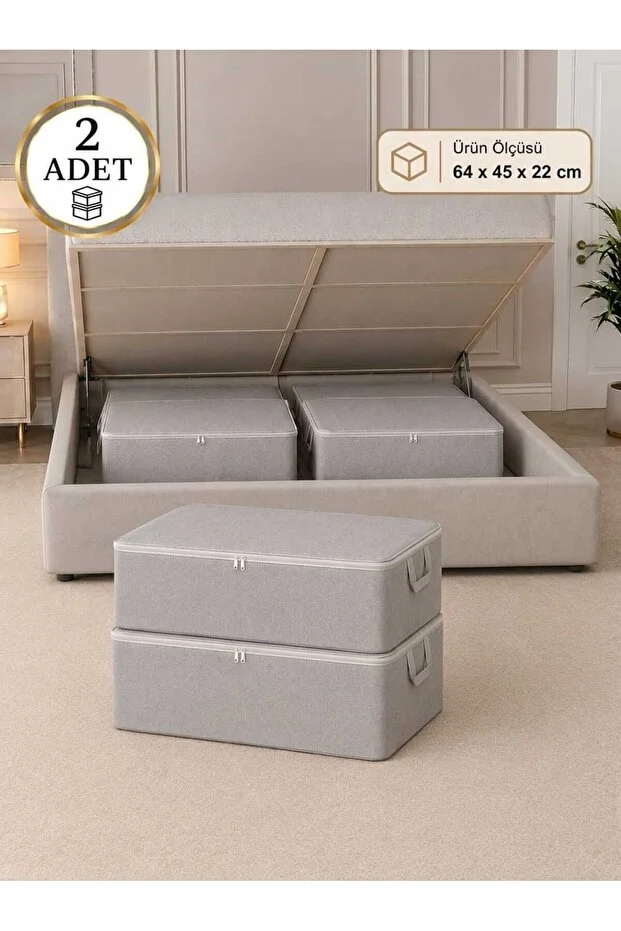 2'li Çekyat Baza Tipi Yastık Kıyafet Saklama Hurcu - Baza Altı Düzenleyici Hurç 64 X 45 X 22 Cm Açık Gri