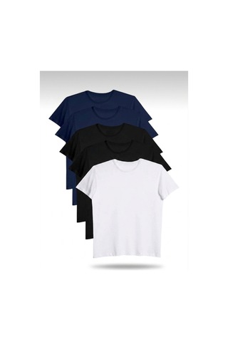 Bürke 5'li Erkek/Unisex 2 Lacivert - 2 Siyah - 1 Beyaz Renk %100 Pamuk Bisiklet Yaka Basic Tişört