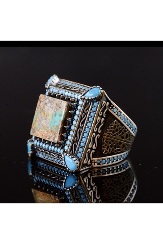 Doğal Turkuaz Taş Yüzük, Kare Tasarım - 925 Ayar Gümüş Erkek Yüzüğü, El Yapımı Şıklık Gümüş