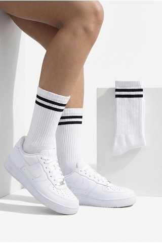 Lykos 2 Çift Beyaz Tenis Çorabı - Çizgili Retro Soket Çorap Seti - Pamuklu Konfor
