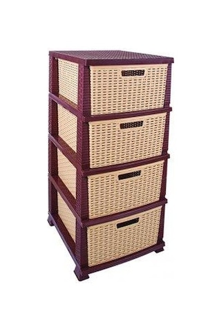 Omnipazar Srl-4002 Rattan Hasır Desen Plastik Komidin Mutfak Sebzelik 4 Katlı Kahverengi