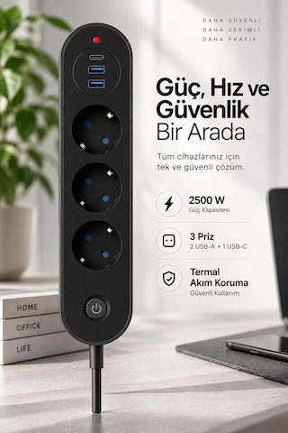 Robeve Blic Termal Akım Korumalı 3 Lü Priz 2500w 1 Usb-c + 2 Us