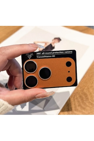 Apple Uyumlu iPhone 17 Pro - Safir Taşlı Lens Koruma Full Metal Kamera Koruması Tek Parça Turuncu