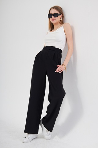 Siyah Yüksek Bel Pileli Kadın Kumaş Palazzo Pantolon Siyah