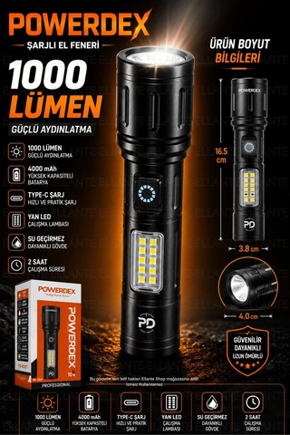 Şarjlı El Feneri 1000 Lümen 4000 Mah Bataryalı Type-c Şarjlı Yan Led Kamp Tamir Acil Durum Feneri Pd Çok Renkli