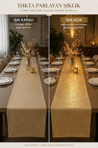 Lumen Serisi Silver 40x300 Cm Simli Dokuma Uzun Runner Modern Lüks Masa Örtüsü 8-10 Kişilik Altın