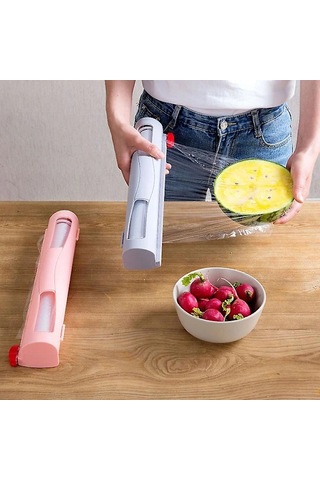 Kaydırmalı Kesicili Plastik Film Kesici, Yeniden Kullanılabilir Folyo Ve Plastik Film Kesici, Mutfak Depolama Mavi -