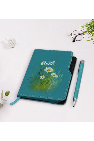 Kişiye Özel Papatya Temalı Turkuaz Termo Deri Defter Kalem Seti-1 N11.4155