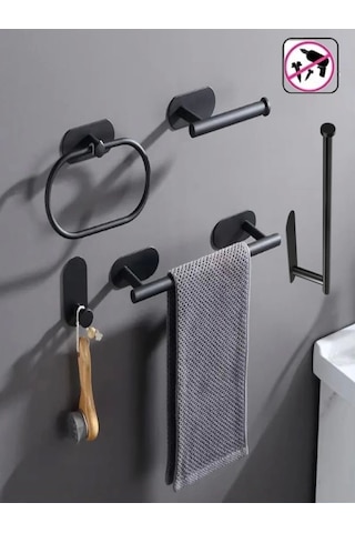 Kendinden Yapışkanlı Banyo Seti 5 Li Mat Siyah Mat Siyah