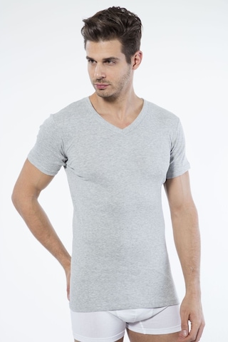 Siyah İnci Pamuklu V Yaka Kısa Kol T-shirt Gri