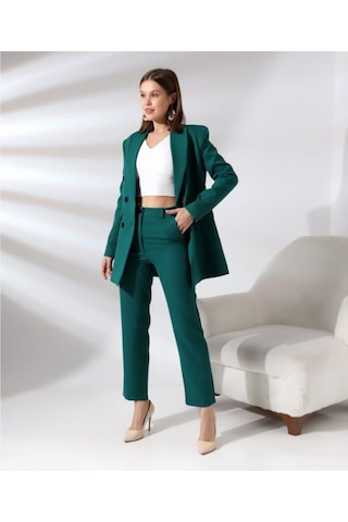 Kadın Kruvaze Blazer Ceket Pamuklu Atlak Kumaş Pantolon Takım Elbise Koyu Yeşil Koyu Yeşil