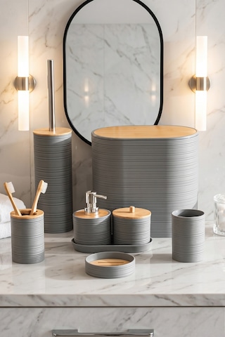 Porsima 4532 8 Parça Banyo Seti - Bambu Kapaklı Çöp Kovası, Sabunluk, Diş Fırçalığı Ve Wc Fırçası Gri Grı