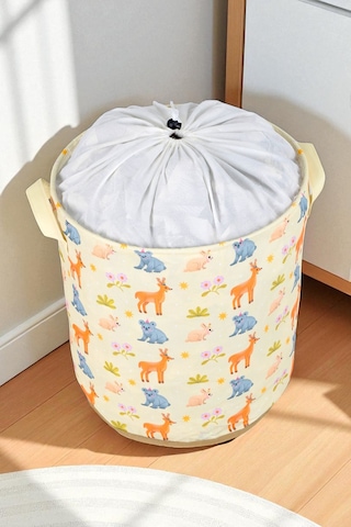 İronika Animals Büzgülü Sepet Oyuncak Çamaşır Havlu Sepeti Yuvarlak Temiz Kirli Çamaşır Sepeti Sarı