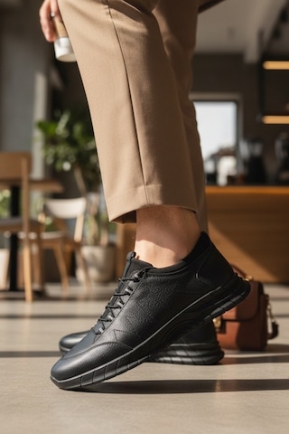 Enoch Hakiki Deri Lastikli Bilekli Erkek Sneaker Ayakkabı Ortopedik Taban Siyah