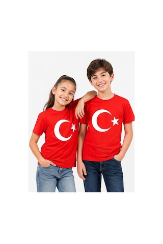 Alglıfe Unısex Çocuk Ay Yıldız Bayraklı Kısa Kol Tişört Kırmızı