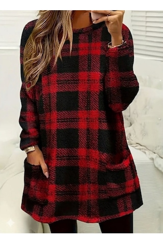Veraura Lifestyle Kadın Uzun Kollu Yarı Balıkçı Yakalı Cep Detaylı Ekoseli Dokuma Tunik Kırmızı