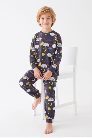 Bunny Hopp %100 Pamuk Süprem Erkek Çocuk Pijama Takımı Füme Uzay Gezegen Desenli Uyku Seti Penye