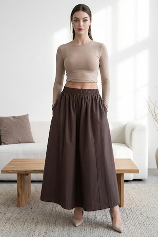 Madmext Kahverengi Beli Lastikli Midi Boy Kadın Etek Mg2616 Kahverengi