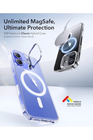 Esr Apple Uyumlu iPhone 16 Plus Halolock Mag Safe Classic Stantlı Silikon Kılıf Şeffaf - Kamera Kontrol Buton Şeffaf