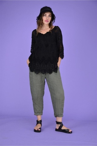 Bohem Stil Kadın Keten Havuç Pantolon-8603 Haki Yeşil Haki