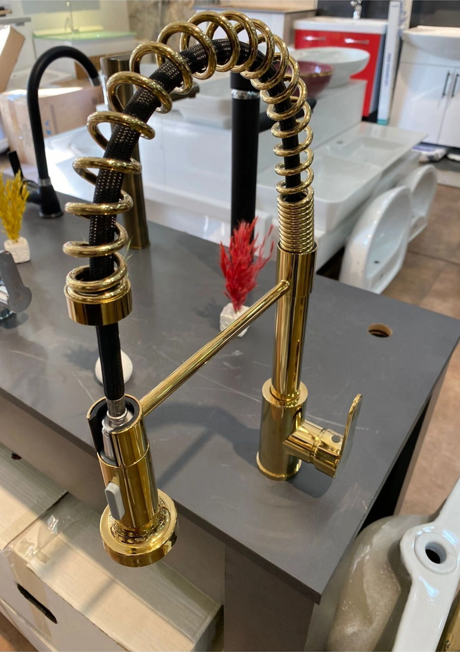 Fleko Gold Fonksiyonlu Endüstriyel Eviye Bataryası Mutfak Musluğu Gold