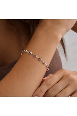 Queen Silver Jewelryy 925 Ayar Gümüş Lacivert Sıralı Nazar Bocuklu Bileklik Altın