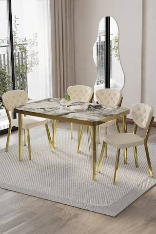Akuamarin Mutfak Yemek Masası Takımı- 4 Kişilik Mutfak Masa Sandalye Takımı- Mutfak Masası Takımı Gold Krem