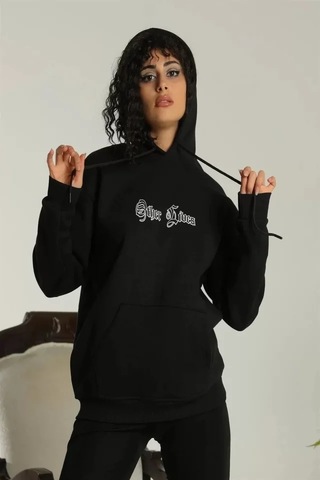 Etiler Collection Sırt Baskılı Oversize Üç İplik Kapüşonlu Sweatshirt - Siyah