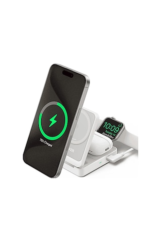 Anker Maggo Katlanabilir 3'ü 1 Arada Kablosuz Şarj İstasyonu Beyaz