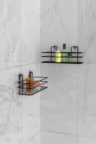 Eva Metal Tasarim Banyo Düzenleyici Şampuanlık Sabunluk Yapışkanlı 2 Adet Banyo Rafı Mat Siyah Duş Rafı Organizer Siyah
