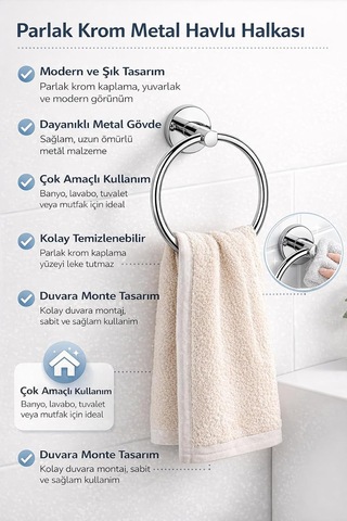 Lexroo Yuvarlak Havlu Halkası Krom Kaplama, Duvara Monte Yuvarlak Banyo Havluluk Çok Renkli