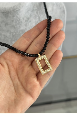 Siyah Kristal Boncuklu Gram Altınlık Kolye 60 Cm Çok renkli
