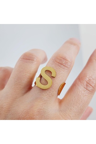 Çelik Gold Düz Kesim Harf Yüzük -s Harfi- Ayarlı Ölçü-1906