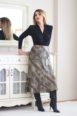 Ritnice Kadın Leopar Midi Saten Etek