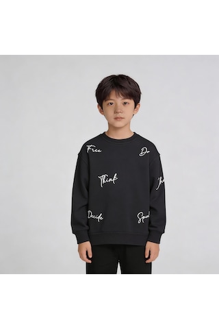 King-Brich Bisiklet Yaka Nakışlı Oversize Kalıp Çocuk Sweatshirt SIYAH