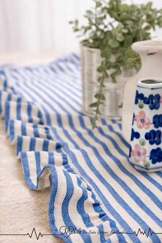 Lacivert Çizgili 40x125 Şık Tasarım Ekstra Büyük Fırfırlı Runner, %100 Keten Runner Bej