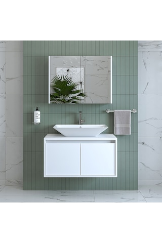 Banos Banyo Roomart Tm7.2 Mat Beyaz Mdf 85 Cm Banyo Dolabı + Ayna Mat Beyaz