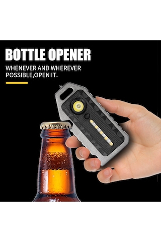 Jeemson Siyah Mini Led El Feneri Anahtarlık - 5 Seviye Aydınlatma, İshık, Piskopu, Cam Kırıcı, Şişe Açıcı, Type-c Şarjlı Alüminyum Siyah