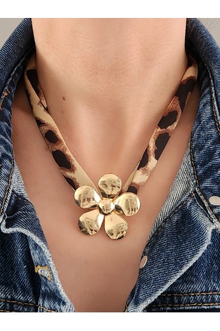 Leopar Desen Bombeli Çiçek Model Kumaş Detaylı Kolye 46cm Kahverengi - Siyah