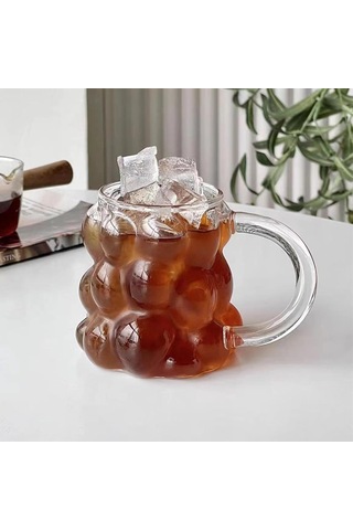 Aee 2 Adet Kulplu Boncuk Şekilli Cam Bardak 350ml Borosilikat Üzüm Kabarcıklı Tasarım Isıya Ve Sku: Smg8690010535597