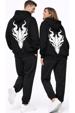 Nevermınd Unisex Ejderha Baskılı Beyaz Sevgili Kombini Oversize Hoodie Seti Siyah Siyah