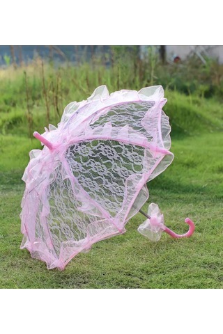 Atay Garage Şemsiye Gelin-düğün-özel Günler İcin Pembe Düz Renk Dantelli 60-58 Boyutlarinda Pembe